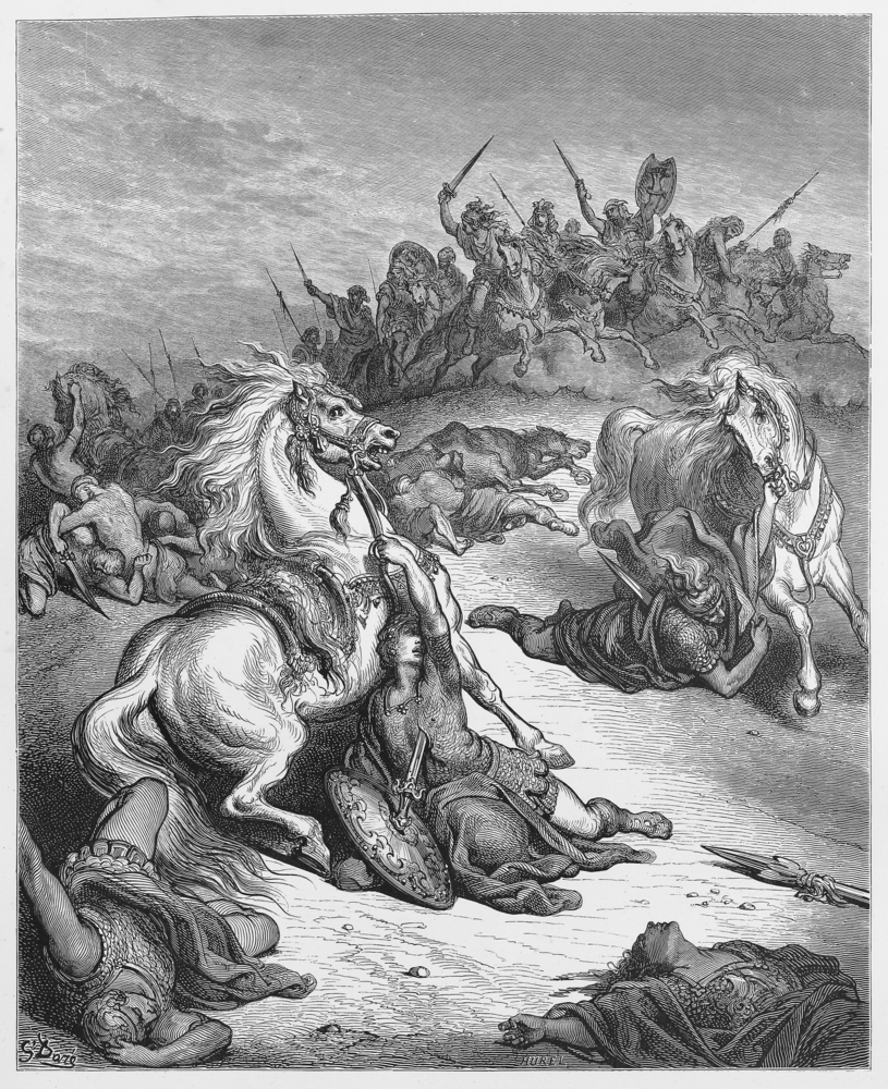 The death of Saul - Picture from The Holy Scriptures, Old and New Testaments books collection published in 1885, Stuttgart-Germany. Drawings by Gustave Dore.