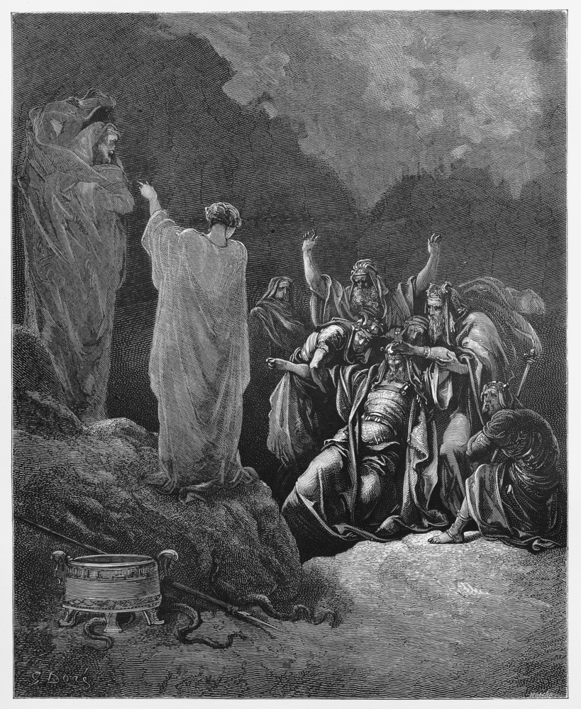 Saul and the witch of Endor - Picture from The Holy Scriptures, Old and New Testaments books collection published in 1885, Stuttgart-Germany. Drawings by Gustave Dore.